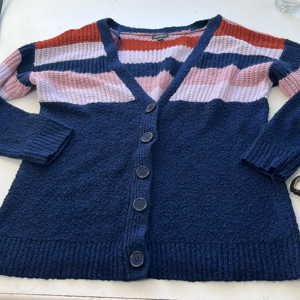 Wild Fable Large Long Sleeve Navy Blue Striped Button Down Cardigan Sweater